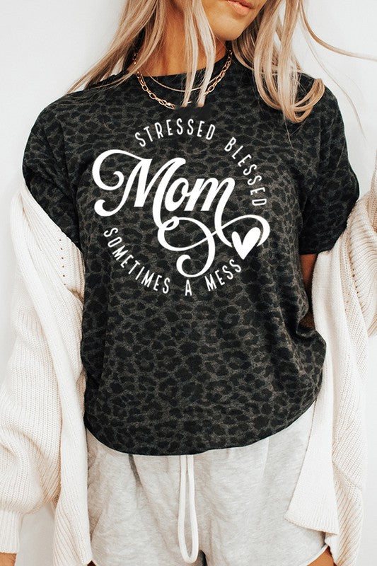 Mom Stressed Blessed Mess Leopard Graphic Tee